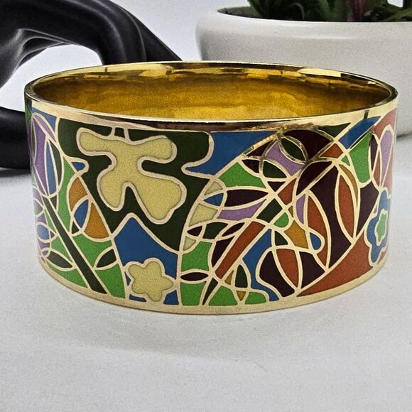 Beautiful GOLD-TONE Enamel Bangle Cuff Bracelet Vibrant Colors. - Picture 6 of 7